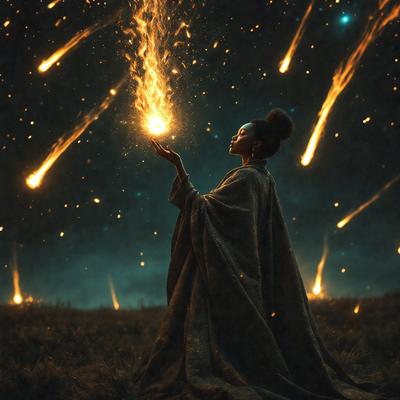 The primary subject of the image is a woman standing in a field, holding a lighted lantern. The setting is a nighttime sky filled with stars, creating a serene and magical atmosphere. The visual style is a combination of photography and digital art, as the woman appears to be a digital illustration or a photo manipulation. The colors and mood of the image are predominantly dark and mysterious, with the woman and the lantern being the main sources of light and warmth in the scene.
